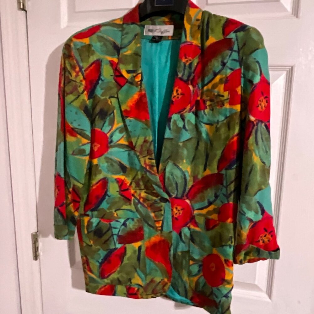 Vintage Paul et Duffier Small Green Red Tomotoe Art Deco‎ Boyfriend Blazer